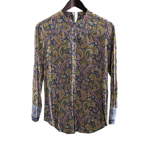 LOFT Tops - LOFT paisley yellow and blue button-down blouse Size SP Petite Long Sleeve